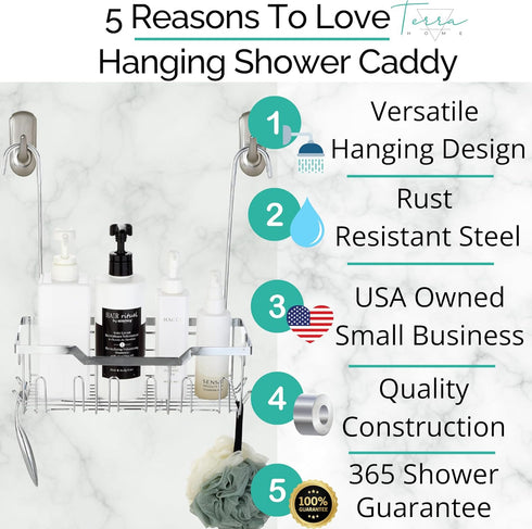 Small Shower Caddy Hanging with Rotatable Hooks, Adhesive Mount, Spacious Bathroom Storage Solution, 304 Stainless Steel