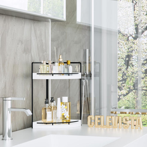 Counter 2 (White-2 Corner Bathroom Organizer, Tier Wood Vanity Storage, Waterproof Skincare Shelf for Kitchen