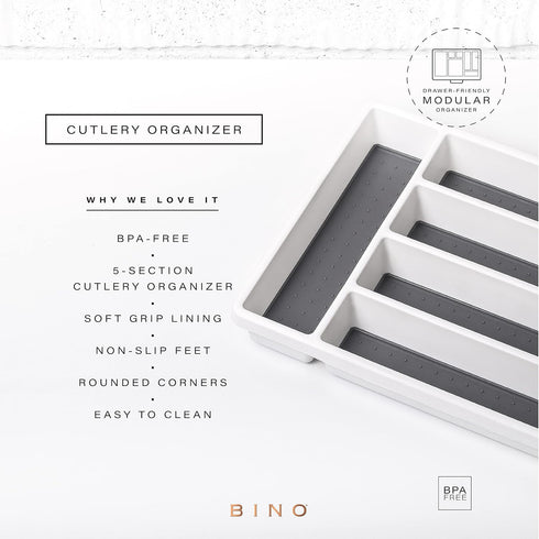 BINO | 5-Slot Silverware Organizer | Small - Frosted Cutlery Tray Organizer | Silverware Storage for Drawer | BPA-Free Plastic Organizers with Soft-Grip Lining and Rounded Corners | Utensil Organizer by BINO