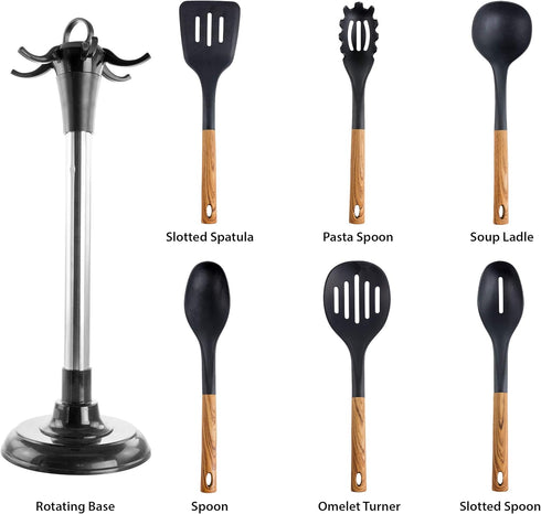 Megachef Nylon Tool Cookware Utensil Set, 7 Piece, Black and Wood Texture