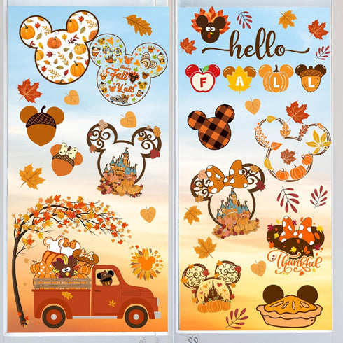 Fall Window Clings, 9 Sheets Mouse Themed Stickers for Glass Windows, Thanksgiving Decorations
