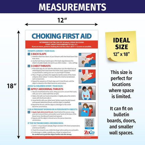 ZOCO Choking First Aid Poster - Heimlich Maneuver Chart for Infant, Child, Adult - Laminated 12x18