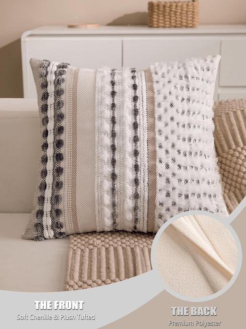18x18 Inch Set 2 Boho Chenille Tufted Couch Throw Pillow Covers of Farmhouse Striped Decorative Pillow Covers Accent