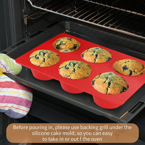 Jumbo Muffin Pan Silicone, European LFGB Cupcake Pan 6 Cups, Non-Stick Deep Baking Pan, Set of 2 Red