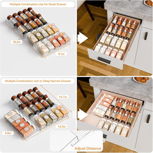 Yieach 8 Pack 9" 17.7" Adjustable Narrow Spice Rack for Drawer - Expandable From to - Acrylic Drawer Seasoning