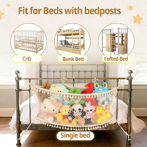 2 Pack Hammock Stuffed Animal Storage Net, Large Bedside Toy Organizer Net, Cotton Plushie Toy Storage with Tether