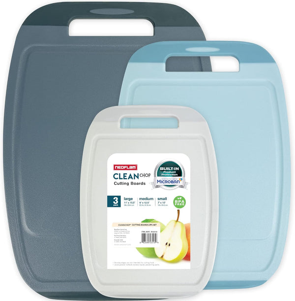 Neoflam Microban Antimicrobial Plastic Cutting Board Set - 3 Sets, BPA Free, Non-Slip Handle, Blue Gray