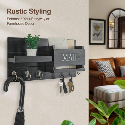 Mail Organizer for Wall Mount, Key Holder with Shelf, Letter Holder and Hooks for Hallway Decor - Rustic Wood