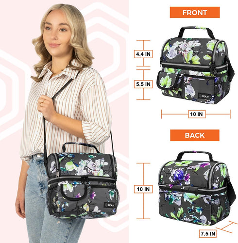 opux Insulated Lunch Bag for Women, Adult Cooler, Flower Lunch Box, Dual Compartment, Floral Gray