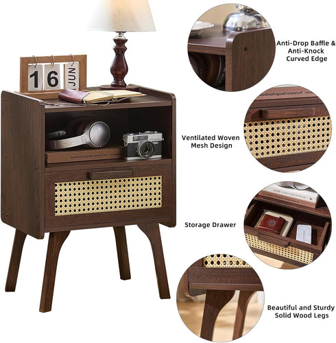 Lerliuo Rattan Nightstand, Bedside Table with Drawer Open Shelf, Cane Accent Side End Table with Solid Wood Legs