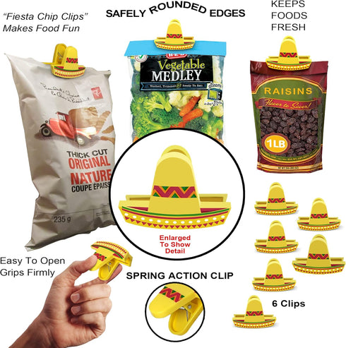 Sombrero Chip Clips, 6 Set Bag Clips for Food Storage, Snack Bag Sealer with Fun Mini Sombrero Hats