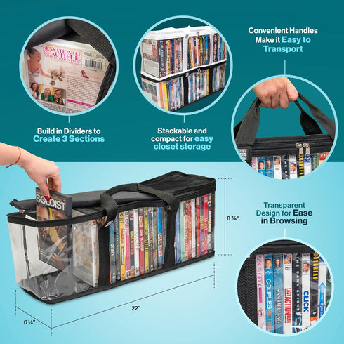 Made Easy Kit DVD Storage Bag - Clear PVC Organizer, Fits 40 DVD Cases, Black (4 Bags)