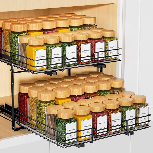 RCHYFEED Spice Rack Organizer, 2 Tier Slide Out Metal Spice Racks for Cabinet & Pantry, Heavy Duty Adjustable