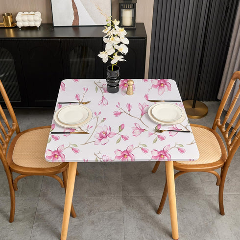 34x34 Inch Small Fitted Square Tablecloth - Spring Magnolia Pink Floral Non Slip Spandex Table Cloth with Elastic