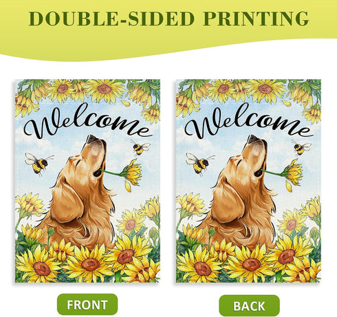 Welcome Spring Summer Golden Retriever Dog Decorative House Flag, Sunflowers Bee Garden Yard Outside Decorations, 28 x