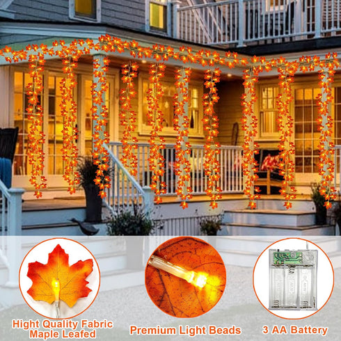 5 Pack Fall Decor Garland with Lights, 50 Ft 100 LED Enlarged Maple Leaves, Waterproof Battery Operated Indoor Outdoor