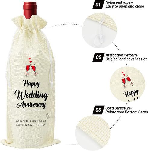 Omoojee 4 Pcs Wedding Anniversary Wine Bag, Flax Drawstring Couple Gift for Married Anniversary