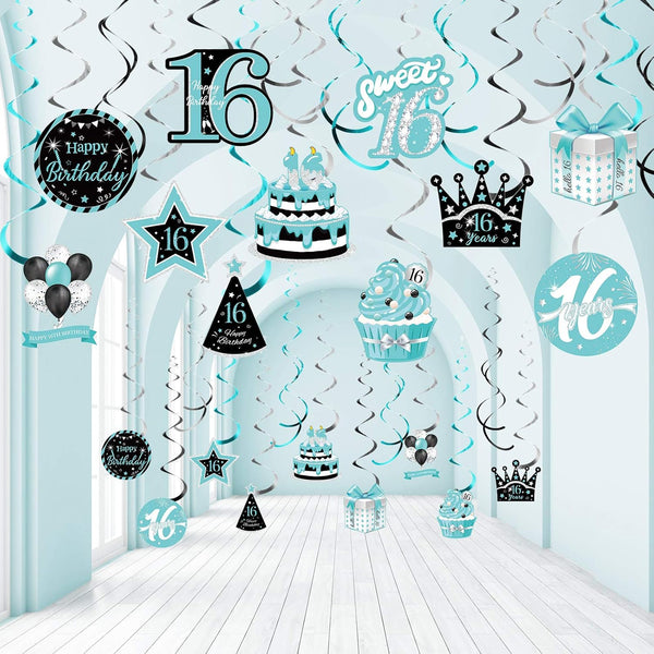 Sumind 30 Pcs Birthday Hanging Swirl Decorations, Teal Silver Black Blue Turquoise Foil Swirls Ceiling Decor for Girls