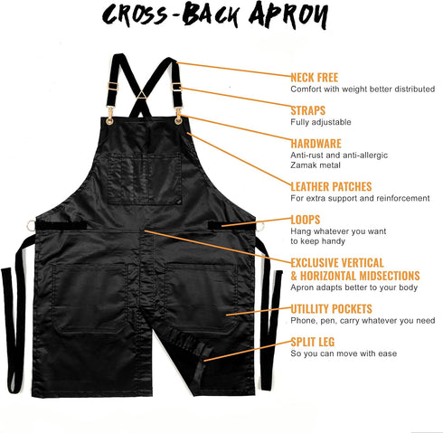 Under NY Sky Cross-Back Black Apron – Adjustable for Men, Women, Pro Barber, Tattoo, Hair Stylist, Barista, Server