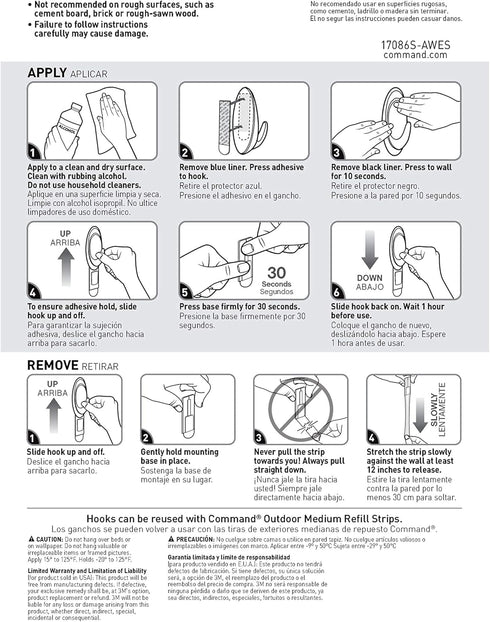 Command Outdoor Hooks, 2 Hooks and 4 Strips, Damage-Free Hanging Wall Decor with Weather Resistant Strips, Holds 3 lb