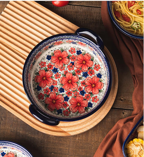 Vintage Style Cherry Blossom Pottery Bakeware, Ceramic Casserole Dish, 32 oz Baking Pan with Handles