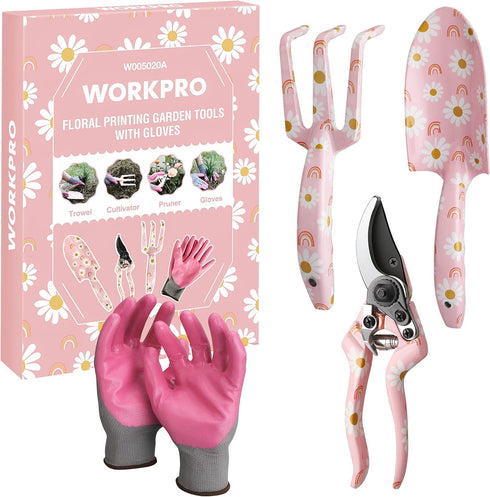 WORKPRO Aluminum Garden Tool Set, 4PCS Heavy Duty Hand Tools with Box, Trowel, Rake, Pruner, Gloves, Pink