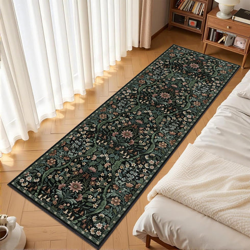 2x6 Washable Runner Rug,Black Floral Boho Area Rug for Hallway,Low-Pile Non-Slip Stain Resistant Carpet for Kitchen