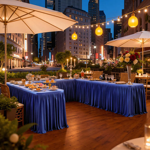 156inch 8ft(Cover 13ft Royal Blue Polyester Table Skirts for Rectangle Tables Front&Both Sides), Wrinkle Free Pleats