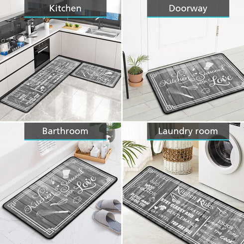 Grey Kitchen Rugs, Non-Skid Washable Microfiber Mats, Kitchen Rules Theme Decor Sets of 2