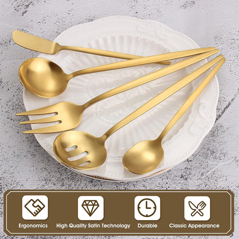 Matte Gold 5-Piece Serving Silverware Set, Round Shared Utensils Set of Stainless Steel, Hostess Flatware, Dishwasher