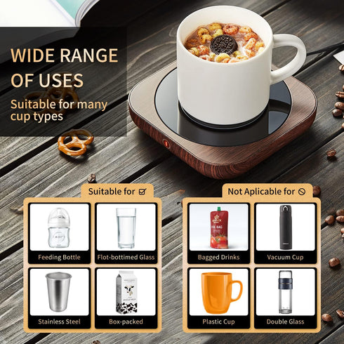 3 Settings, 54-Inch Coffee Mug Warmer with Auto Shut Off, Temperature Brown Wood Grain Design, Electric Beverage Heater