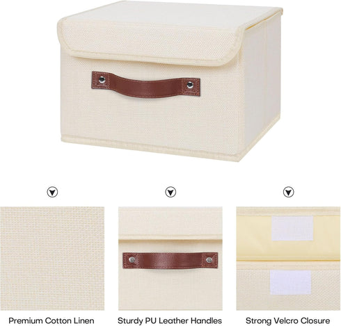 ANMINY Storage Bin with Lid, Decorative Foldable Lidded Cotton Linen Fabric Home Organizer - Beige, Small Size