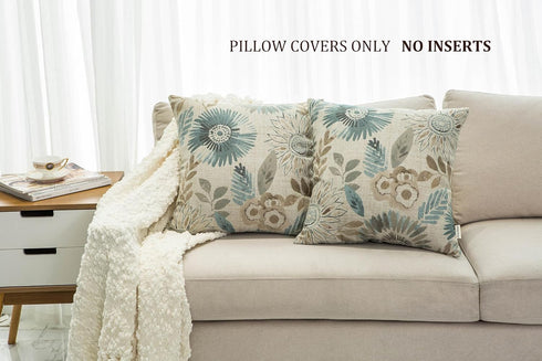 Pack of 2 Decorative Throw Pillow Cases Cushion Cover for Sofa Couch Bed, Sunflower Pattern, 20x20 Inches, Blue Cream