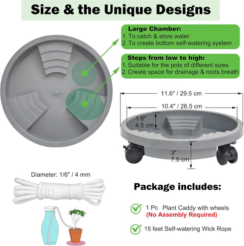 1 11 inch Pc Plant Caddy with Lockable Wheels, Drainage & Self-watering Design, Movable Wheeled Round Planter Stand