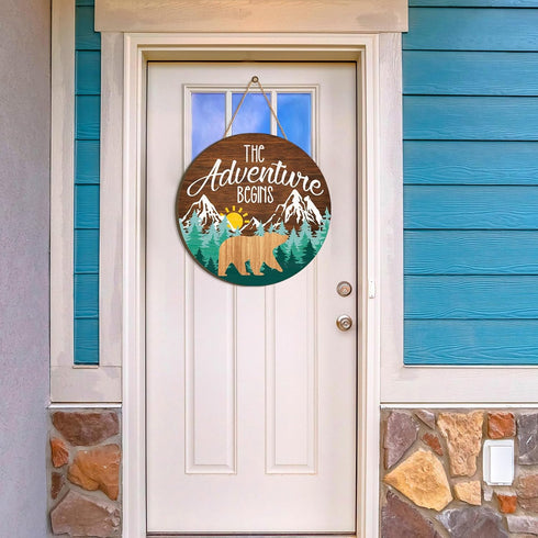 12 12'' Chunful The Adventure Begins Wooden Hanging Sign, x Woodland Nursery Decor, Green Trees Brown Background