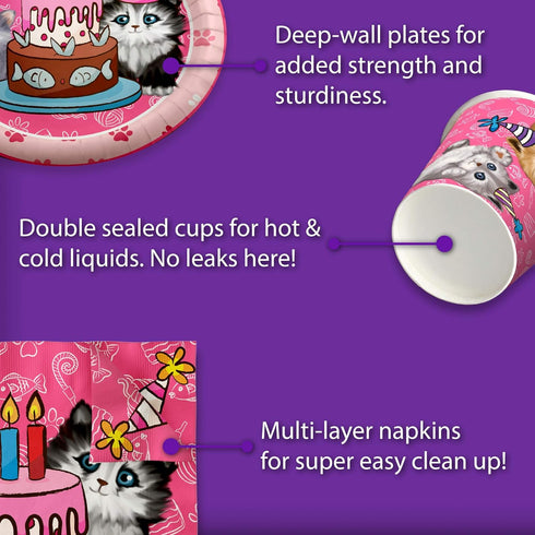 Kitty Cat Pink Kitten Birthday Party Supplies Set, Tableware Kit for 16 Plates Napkins Cups