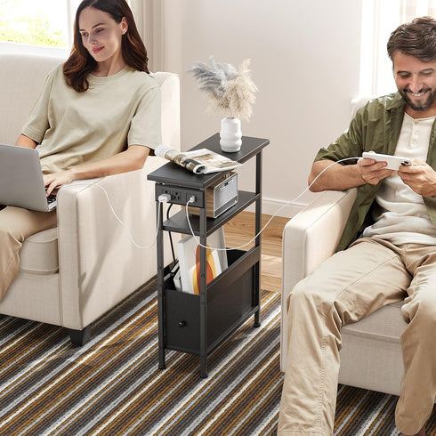 1 Creso hom Narrow Side Table with Charging Station and LED Light, Small End Table with Fabric Drawer, Skinny