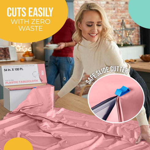 Exquisite Party Solids 54 Inch X 100 Feet Pink Plastic Table Cover Roll, Cut-to-Size Box with Convenient Slide Cutter