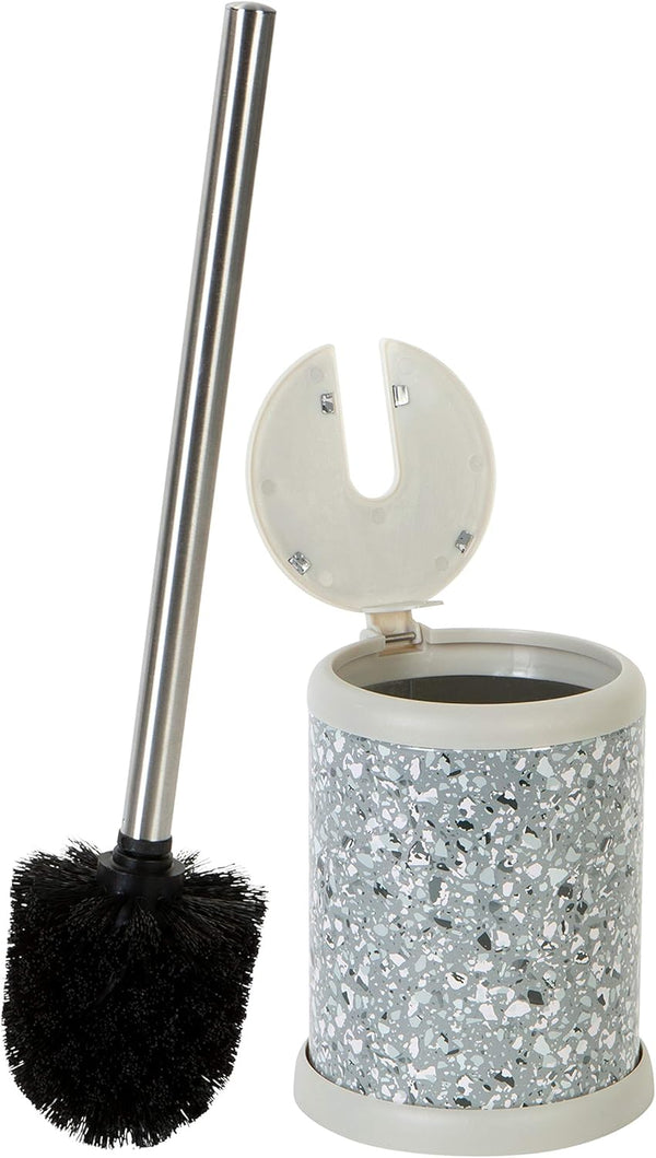Bath Bliss Toilet Brush and Holder with Self Closing Lid, 360 Degree Brush Head, Compact Size, Terrazzo Grey with Pink