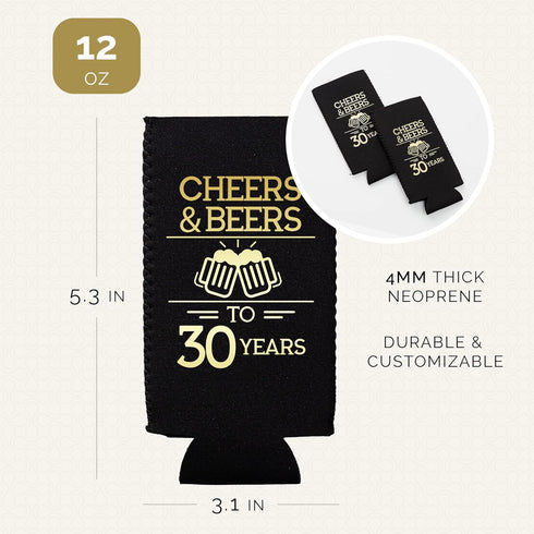Cheers and Beers to 30 Years Can Coolers, Set of 12 - Black and Gold 30th Birthday Party Decorations for Men and Women