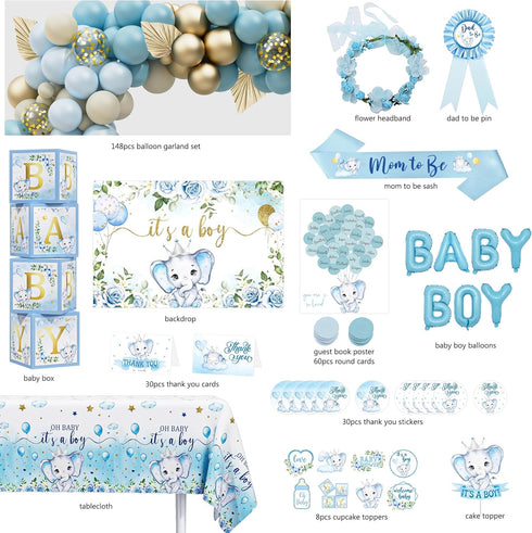 HYCSANBAO Elephant Baby Shower Decorations for Boy, Blue Elephant Baby Shower Party Supplies, It's a Boy Backdrop
