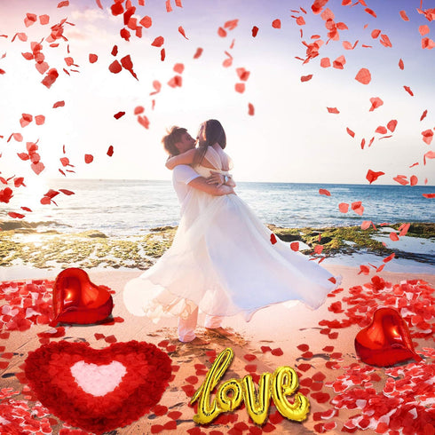 Valentines Day Red Wedding Decorations - Heart Shaped Love Foil Balloons, Silk Rose Petals, Romantic Design for