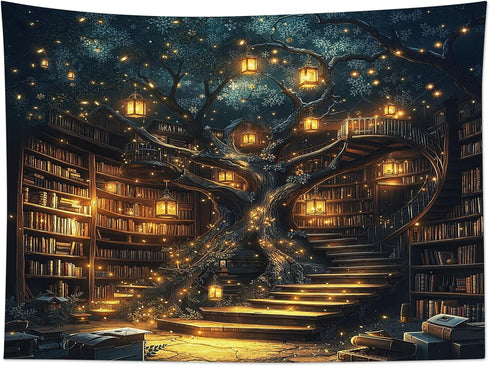 60L 80W Inches HVEST Fantasy Library Bookshelf Tapestry for Classroom Fairytale Tree Magic Bookshelf Wall Decor Retro