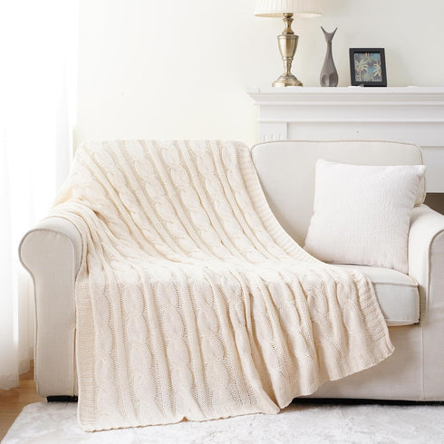Battilo Cream Ivory Cable Knit Throw Blanket for Couch, Super Soft Warm Cozy Decorative Knitted Throw 50"x60"