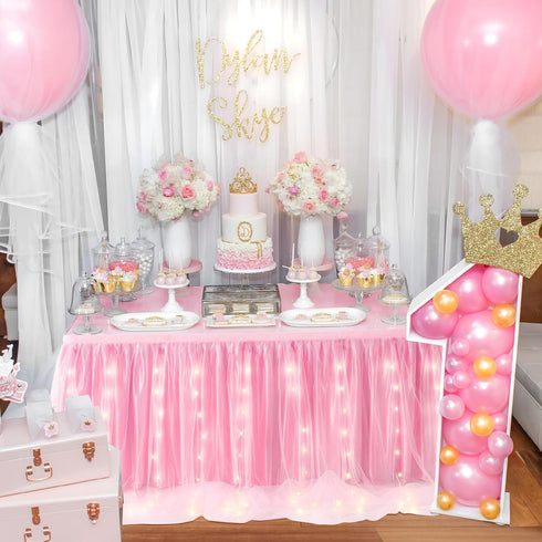 leegleri Pink Tulle Table Skirt for Baby Shower - 6FT Ruffle Tutu with LED Light for Birthday Party Decorations