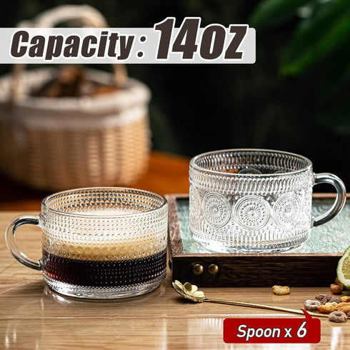 wookgreat Set 6, 14 oz 6 Vintage Glass Coffee Mugs of Tea Cups With Handle, Clear Embossed Glassware, Spoons