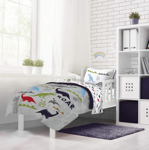 4 Set Set Jay Franco Trend Collector Dinosaur Roar Piece Toddler Bed - Includes Comforter & Sheet - Super Soft Fade