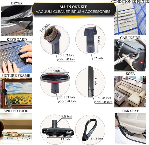 Universal Vacuum Attachments & Brushes Kit, Hardwood Floor Vacuum Brush Head & Shop-vacs Accessories, Flexible Crevice