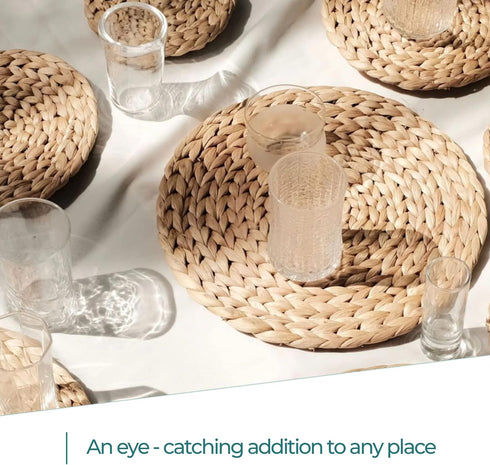Set of 8 Round Woven Placemats, Natural Water Hyacinth Wicker Placemats, Heat Resistant Non-Slip Table Mats (13.5")