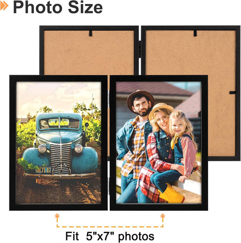 AEVETE 5x7 Double Hinged Wood Folding Picture Frames, Vertical with Plexiglass Front, Black